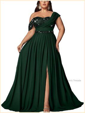 One Shoulder Sequin Chiffon Maxi Dress Plus Size A Line Formal Bridesmaid Gown